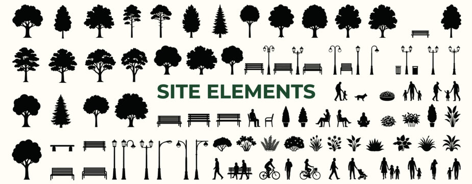 Solid black architectural landscape silhouettes for urban site plans featuring trees, benches, street lamps, garden vegetation and scale figures in a professional vector collection