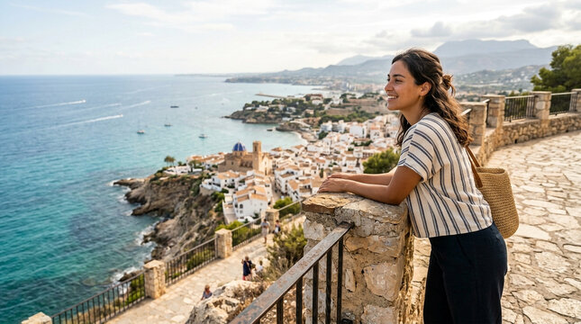 Happy woman enjoying panoramic Mediterranean coastal views from a breathtaking mountain pathway at sunset