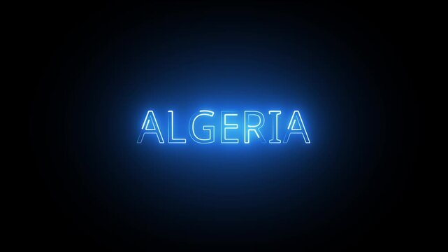 Bright blue neon sign with the word algeria glowing on a dark black background