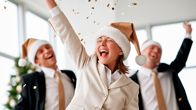 Positive happy business men and women in Santa hats dancing in the office, celebrating the New Year
