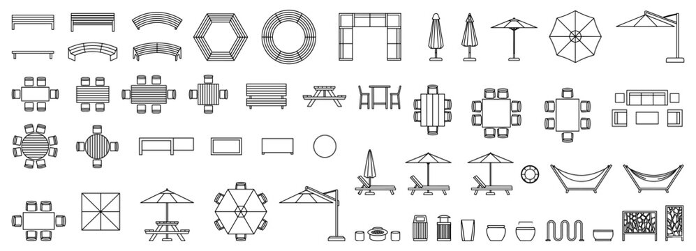 Architectural Outdoor Furniture CAD Blocks with Benches, Tables and Umbrellas, Top View Vector Set for Site Plans, Landscape Design and Technical Drafting