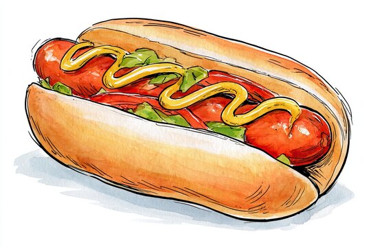 Hand-drawn editorial illustration of a classic hot dog featuring a golden toasted bun, red sausage, green relish, tomato, and zigzag yellow mustard on a white background