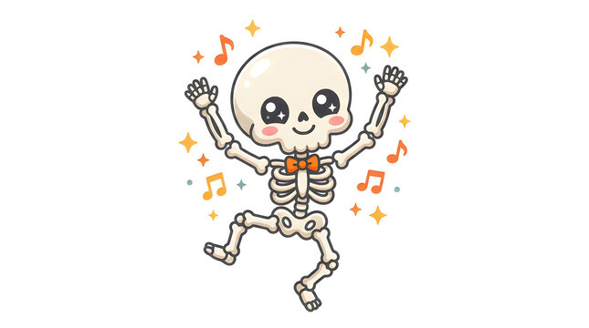 Cute cartoon skeleton dancing with music notes and stars