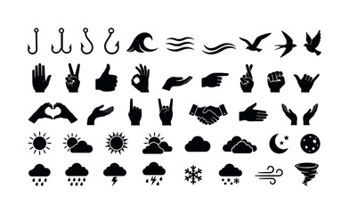 Fototapeta premium Collection of black silhouette icons representing gestures, weather, and nature elements