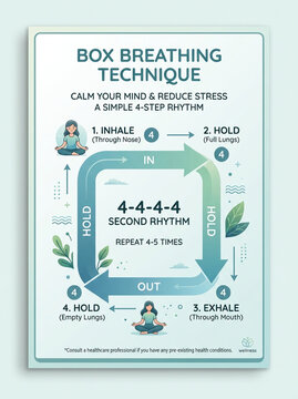 Box Breathing Technique Infographic for Stress Relief and Mindfulness Wellness Guide