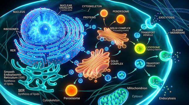 Detailed 3D Medical Illustration of Animal Cell Structure and Labeled Organelles