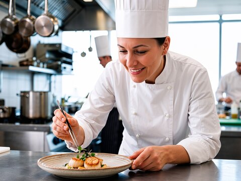 Female chef plating gourmet dish in modern restaurant kitchen  