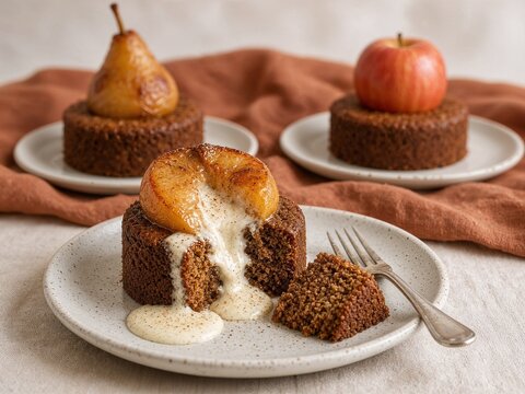 Warm spiced cake with melted center, topped with pear and apple  
