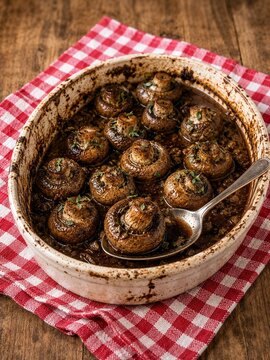 Baked mushrooms in a ceramic dish on a red checkered tablecloth  