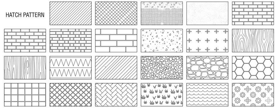 Architectural hatch pattern collection with seamless vector textures for CAD technical drawings, construction plans, materials, sections and floor plan design