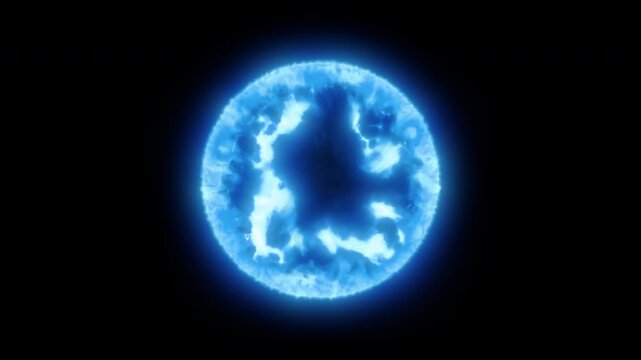 Blue turbulent plasma explosion with irregular energy fragments expanding into a smoky ring, MOV with alpha channel on transparent background, 4K