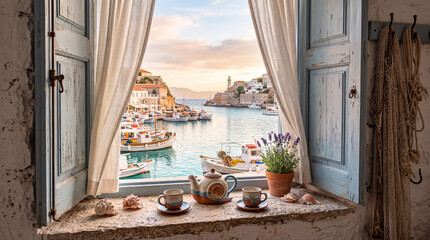 Naklejka premium Coastal architecture, the open windows of the cottage offering a view of the quiet Mediterranean fishing harbor at dawn.