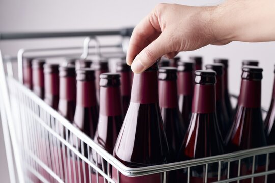 Shopper selecting dark glass beverage bottle from metal shopping cart filled with similar bottles, hand gripping neck of bottle, realistic finger anatomy visible