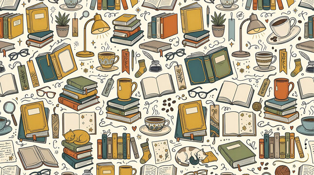 Seamless reading bookworm doodle pattern with books and coffee in mustard.