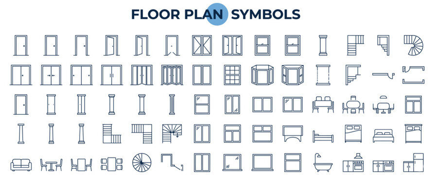 Architectural door and window symbol collection for floorplan design with CAD blueprint icons, swing openings, technical layout drawing and vector illustration
