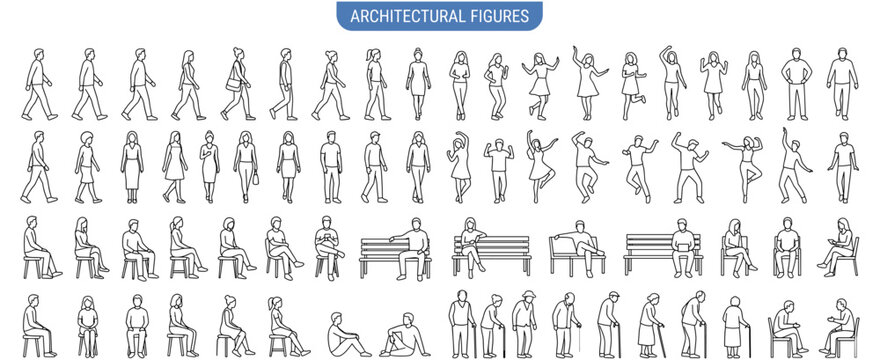 Diverse people silhouette set with walking, dancing, sitting and elderly figures for architectural CAD drawing, urban scale scenes and vector illustration