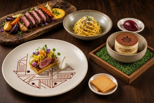 Gourmet food spread featuring various dishes in elegant presentation  