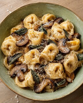Delicious tortellini with mushrooms and sage in a rustic bowl  