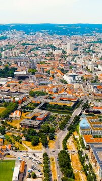 Vertical video. Nancy, France. Panorama of the central part of the city. Summer, Sunny day. Drone footage. Rich colors