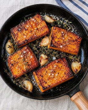 Roasted pumpkin with garlic and thyme in a skillet, healthy cooking, vibrant colors