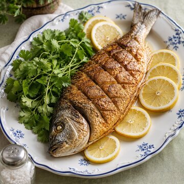 Grilled fish garnished with lemon slices and fresh cilantro on a plate  