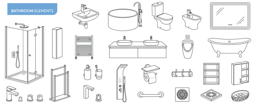 Bathroom fixtures line art collection with sink, shower, mirror, urinal, bathtub, faucet and sanitary plumbing elements for architectural interior design vector illustration