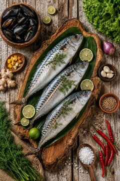 Fresh mackerel fish laid on a wooden board with herbs and spices  