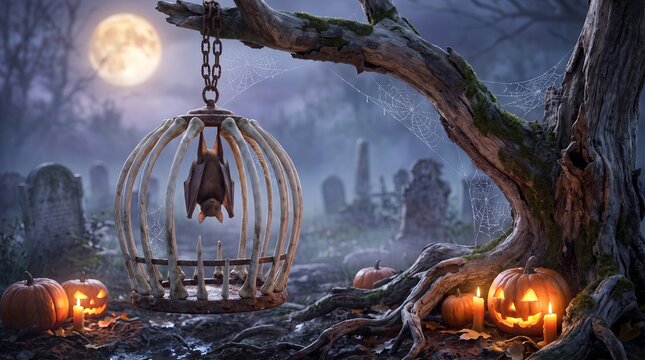 Caged bat hanging in a foggy halloween graveyard