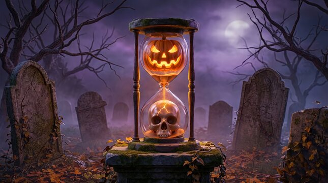 Halloween hourglass draining a pumpkin into a skull