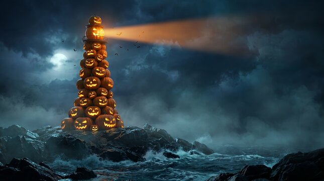 Pumpkin lighthouse tower glowing above stormy halloween waves