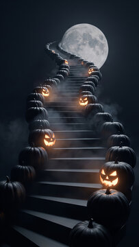 Halloween staircase lined with glowing carved pumpkins