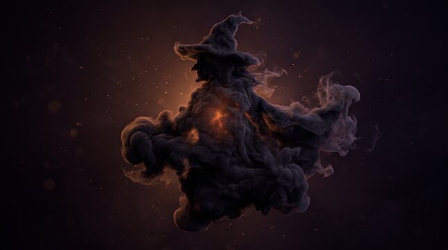 Smoky halloween witch silhouette drifting through darkness