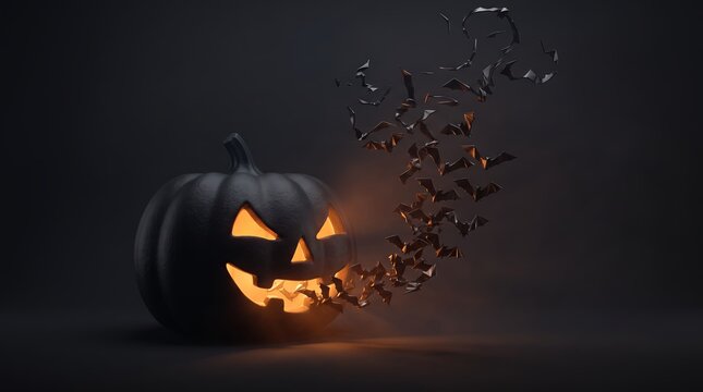Black halloween pumpkin releasing a swirl of bats