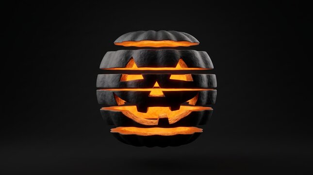 Sliced halloween pumpkin revealing glowing layered sections