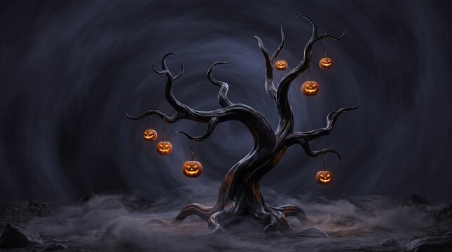 Twisted halloween tree decorated with hanging pumpkins