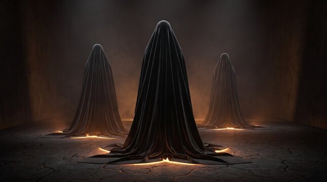 Three ghostly halloween figures glowing in a dark chamber
