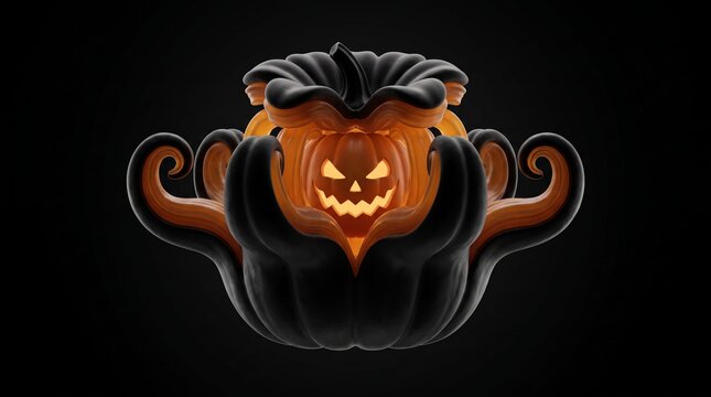 Sculptural black halloween pumpkin with curled glowing accents