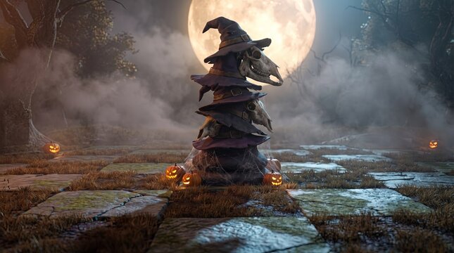 Stacked halloween witch hats topped with skull faces