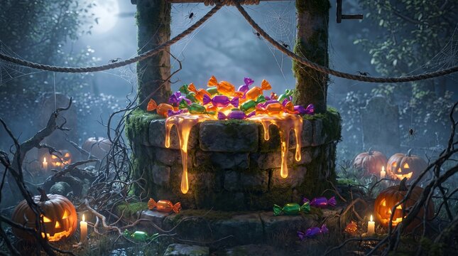 Halloween wishing well overflowing with glazed candy