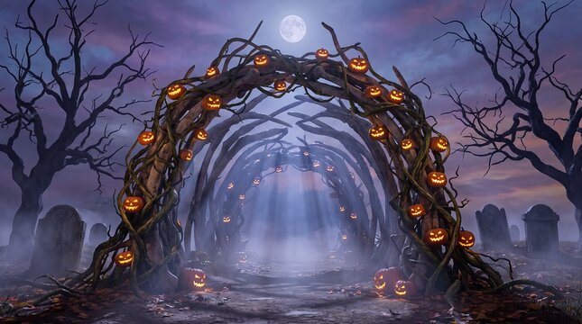 Vine-covered halloween archway leading through a graveyard