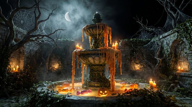 Ornate fountain dripping with halloween wax and candy