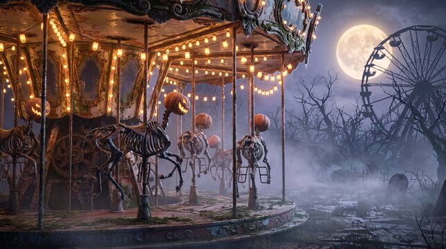 Haunted carousel with skeleton horses under a halloween moon