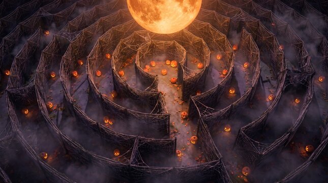 Spiral halloween maze built from glowing spiderwebs
