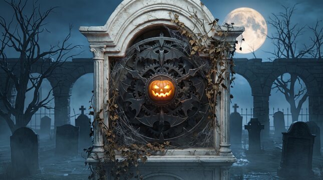 Halloween tombstone with mechanical bat gear and glowing pumpkin