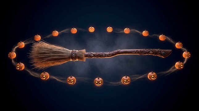 Witch Broom and Pumpkin Circle Halloween Fantasy 3D Art