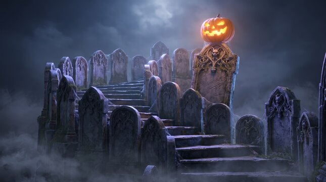 Pumpkin Sentinel in Halloween Graveyard 3D Art