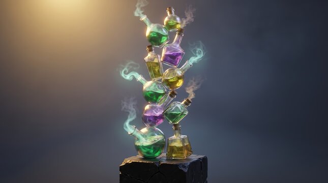 Stacked Magic Potions Halloween Concept in Colorful 3D Art