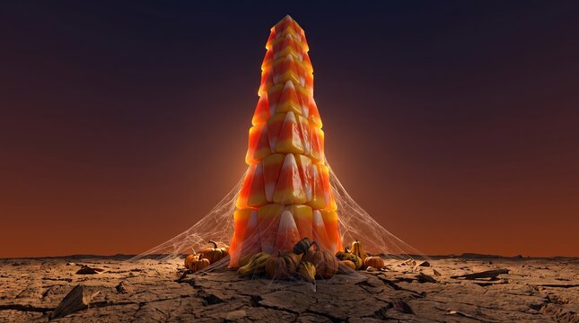 Candy Corn Obelisk Halloween Concept in Surreal 3D Art