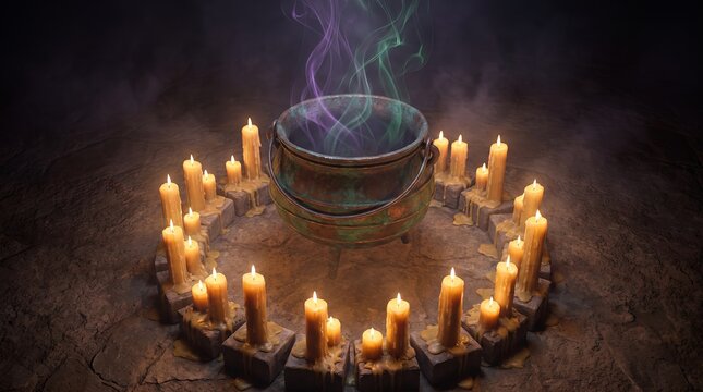 Smoking Cauldron Candle Ritual Halloween Scene in 3D Art