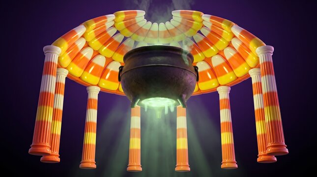 Candy Corn Temple and Cauldron Halloween 3D Art